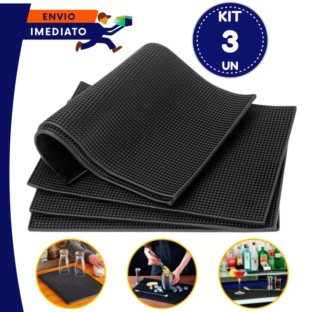 Jogo 03 UN Tapete Escorredor de Louça Emborrachado med 30X15 Antiderrapante para Secar Louça Preparar Drinks Barmen