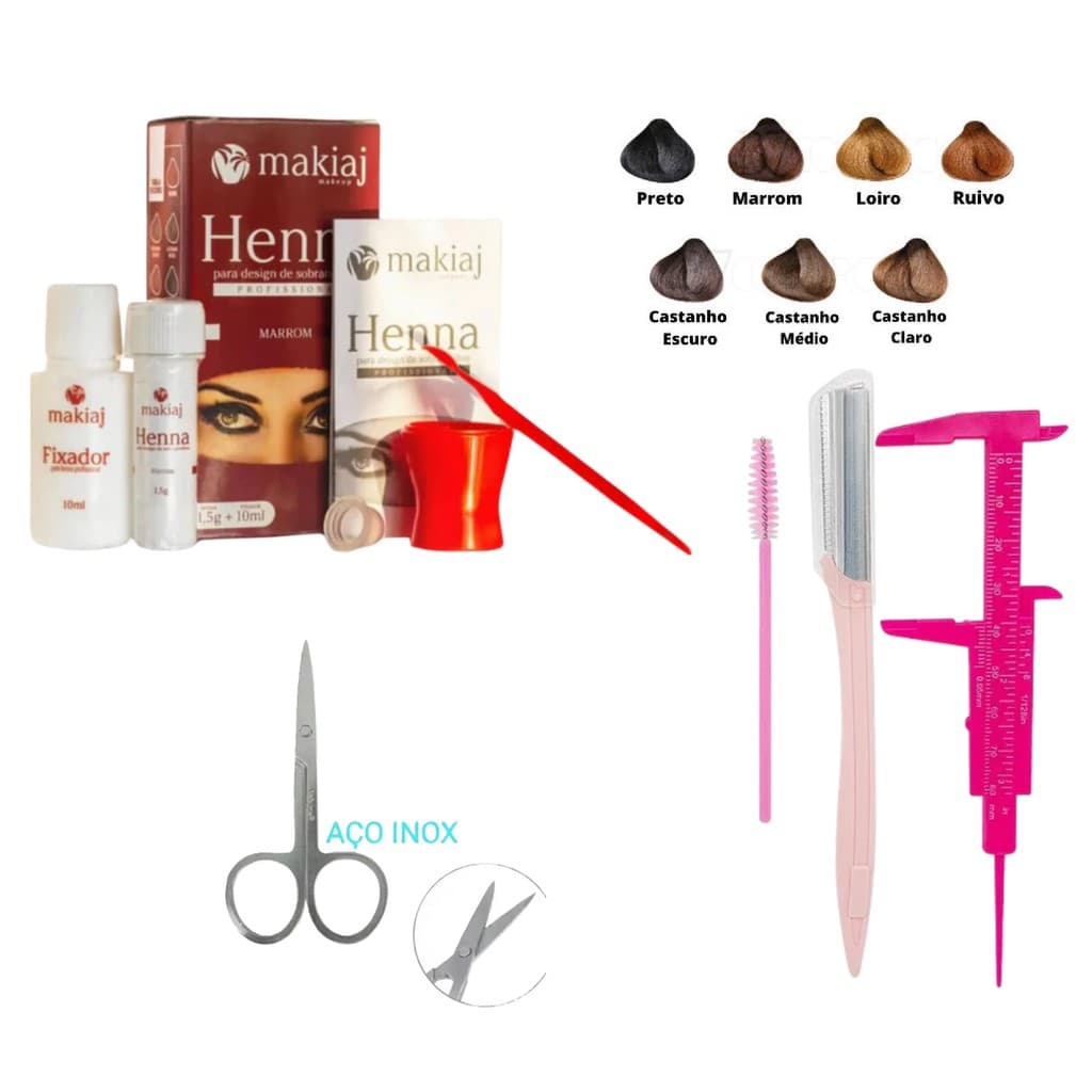 Kit Henna de sobrancelhas+Tesoura+Kit paquimetro e navalha para design de sobrancelhas
