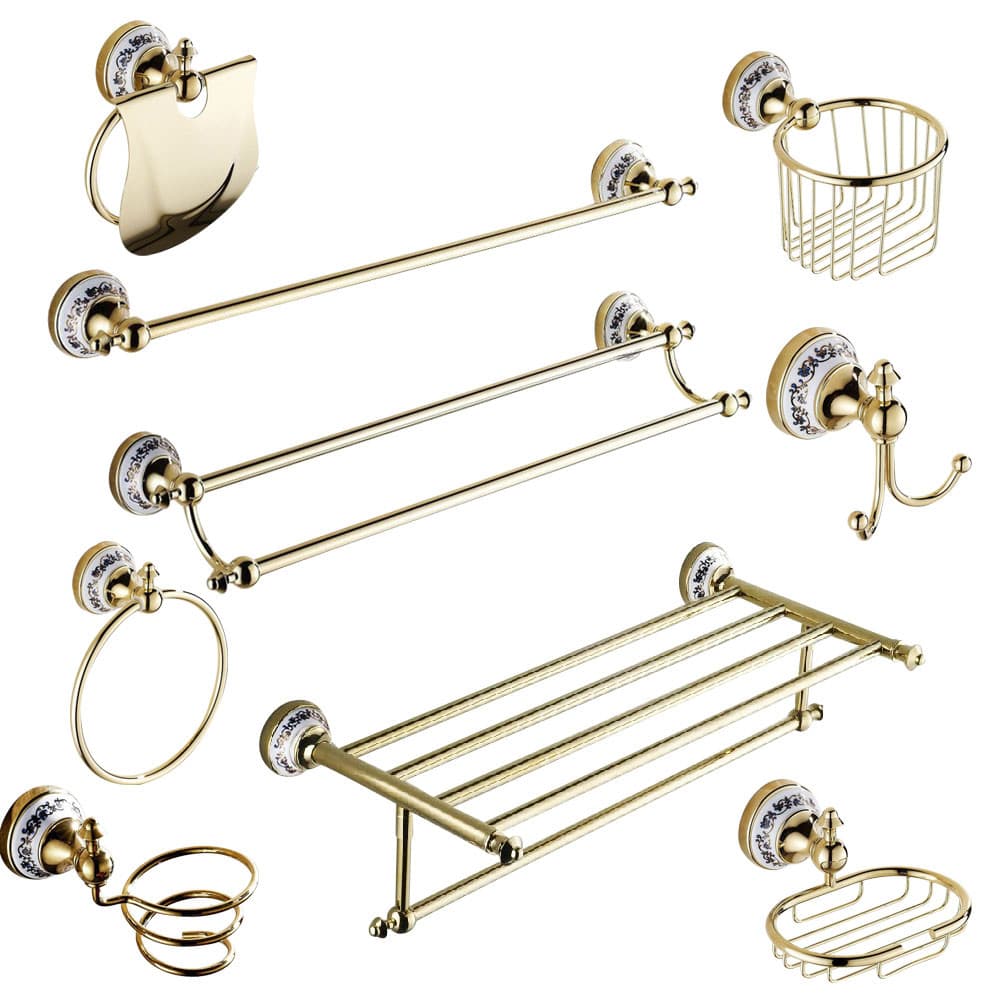Conjunto De Hardware De Banheiro Banhado A Ouro Toalheiro Suporte De Papel Higiênico Barra De Toalha Gancho Acessórios B