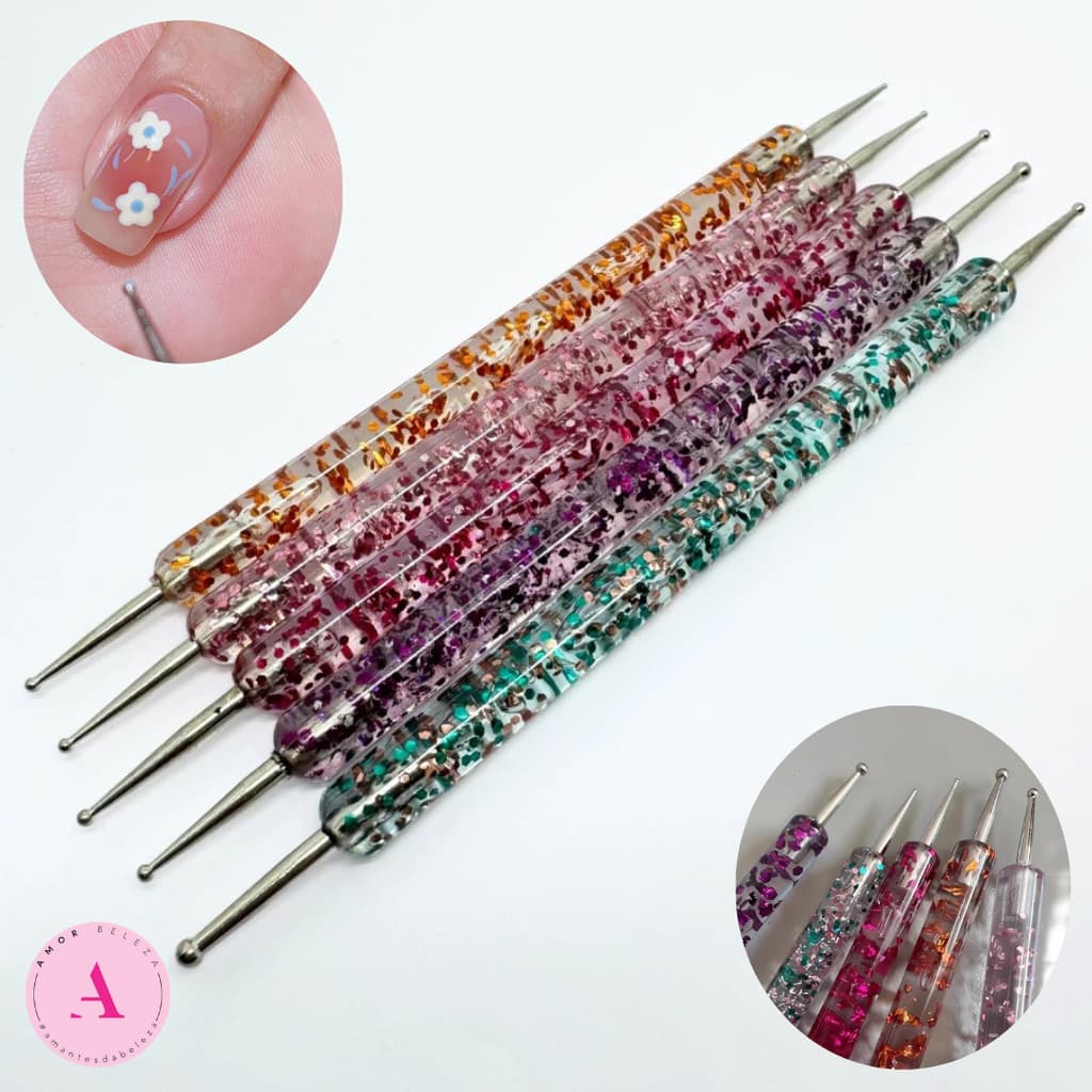 Kit 5 Boleador Ponta Dupla Para Decoração de Unhas - Design de Unhas Manicure