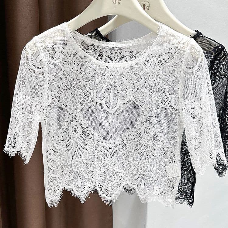 Tule oco renda topo feminino verão estilingue saia de manga curta camiseta camisa de fundo pulôver blusa de gaze