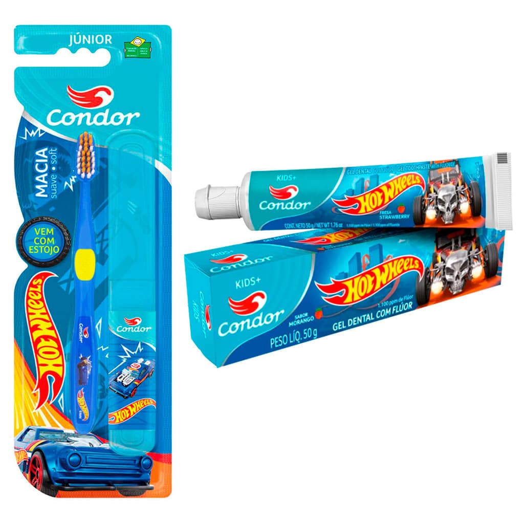 Kit Escova de dente Com Porta Escova E Gel denta hot wheels ou barbie Condor