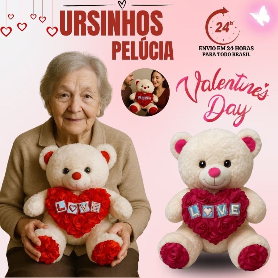 Urso Teddy Grande De Pelúcia 45cm Com Coração Personalizado