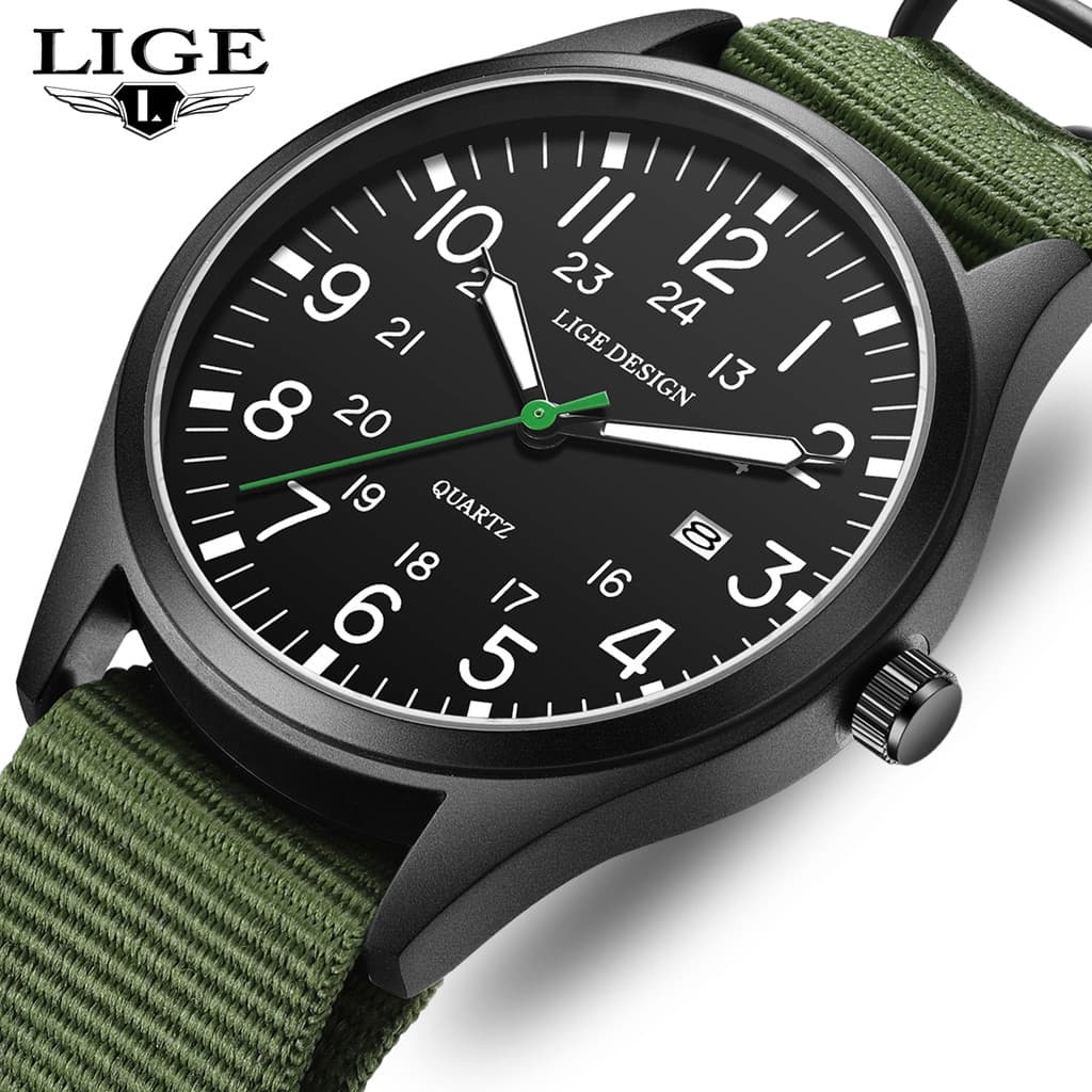 LIGE Moda Relógio Masculino Nylon Quartzo Luz Noturna Tecelagem Calendário Semana Display Analógico Digital Relógios Esp