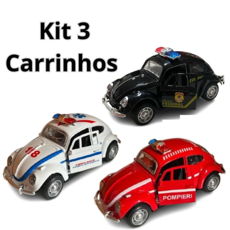 Carrinho de Ferro Fusca Miniatura – Polícia, Bombeiro e Ambulância | Abre Portas e Capô