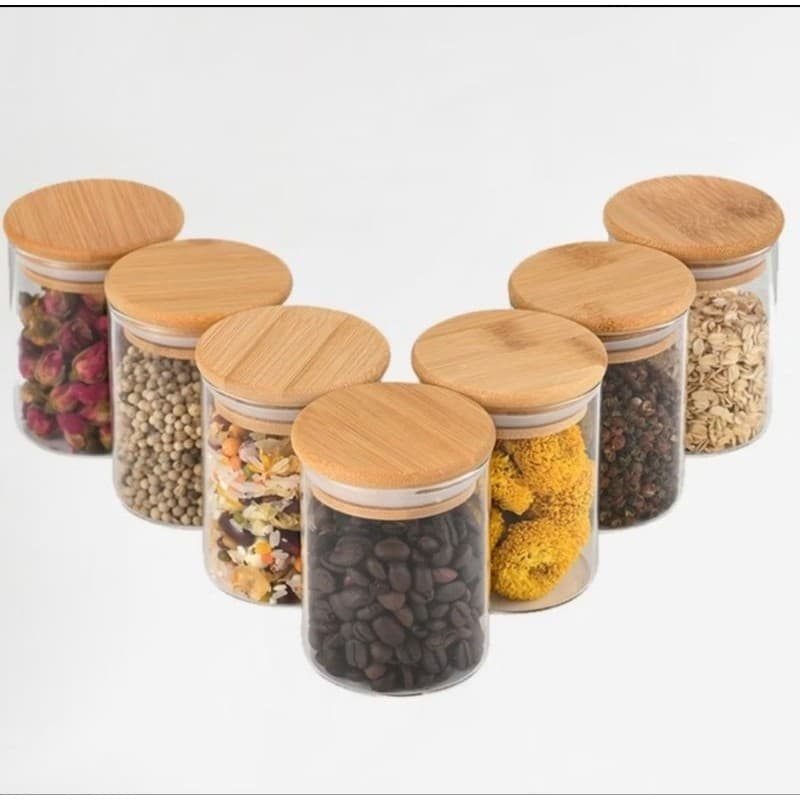 kit com 2 ou 4 Potes de Vidro  300 ml com Tampa de Bambu Hermética.Potes para Temperos e Condimentos.