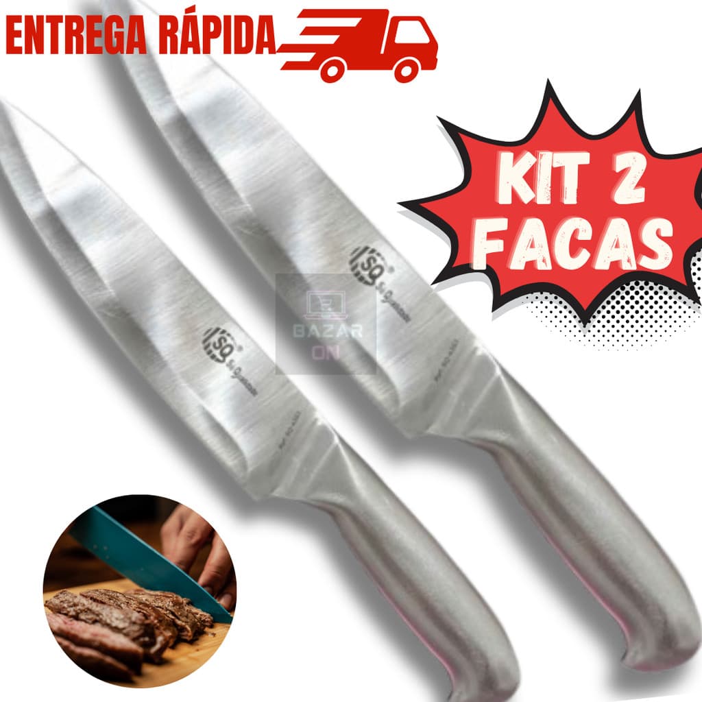 Kit 2 Facas De Cozinha Churrasco Peixeira Toda Aço Inox Escovado Inteiriça 7” Afiada Cabo De Aço