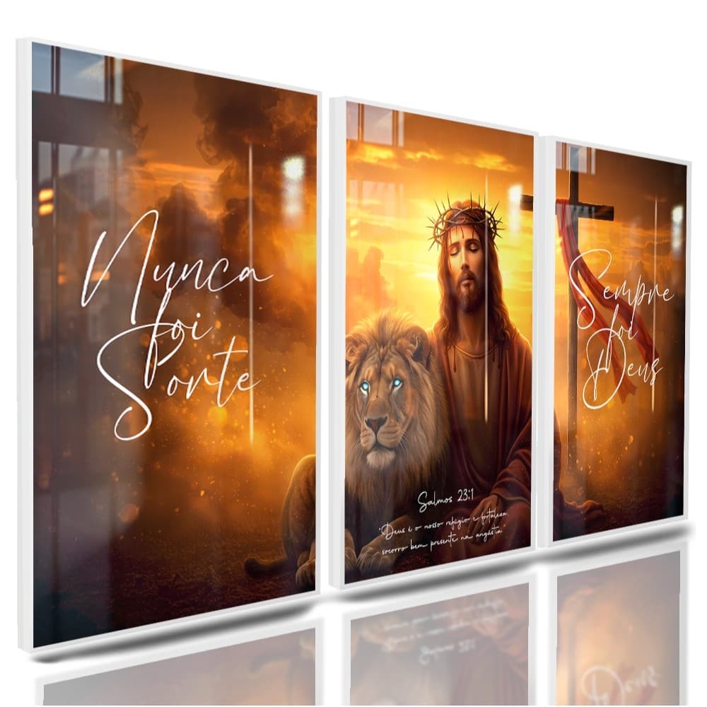 Quadro Decorativo Sala Jesus Cruz Leao Nunca Foi Sorte 122x60 3 Peças