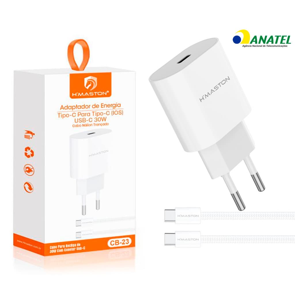 Carregador Turbo 30w Com Cabo Usb Tipo C para Tipo-C Lightning H'maston Fonte 9A Cabo Reforçado
