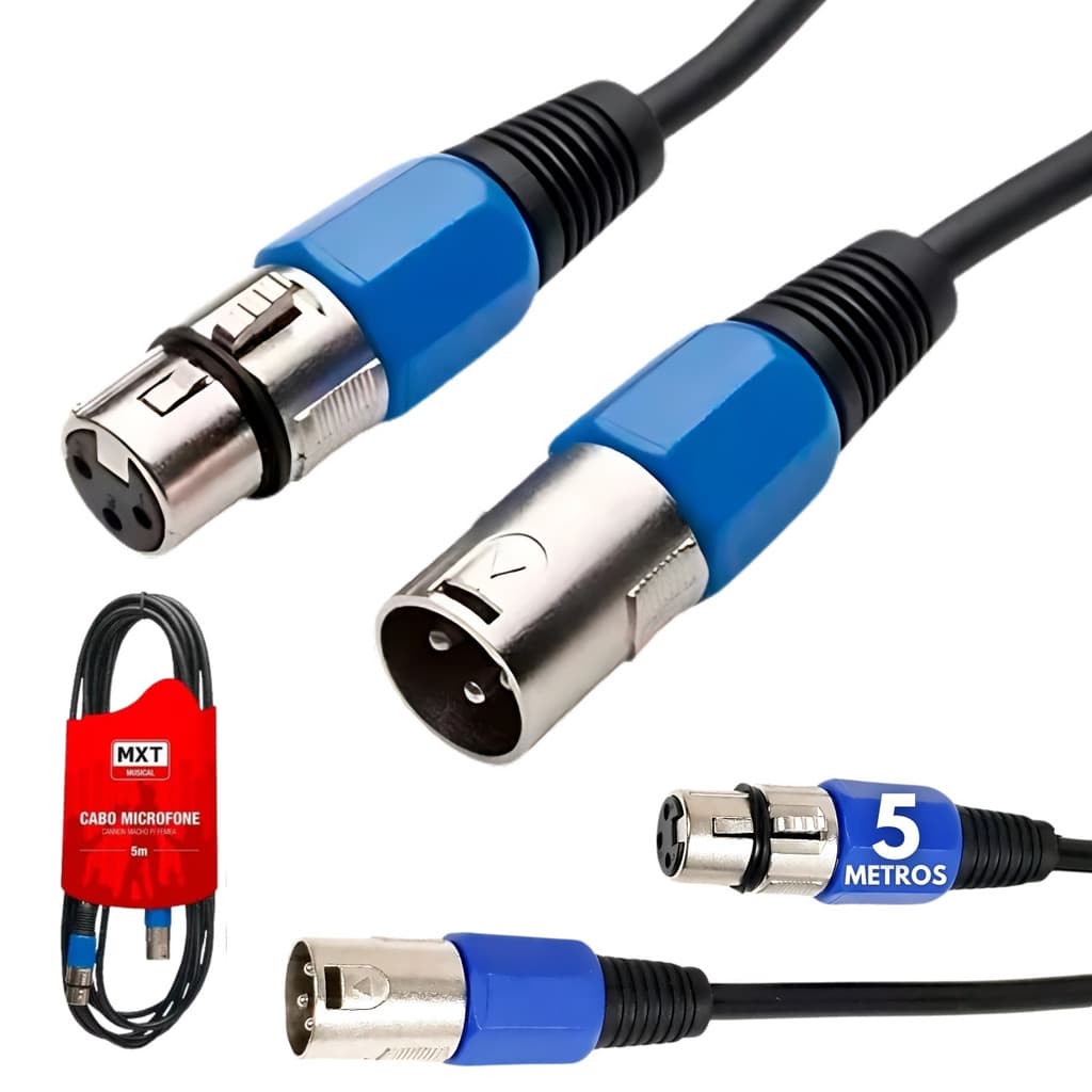 kit 5 Cabos Microfone 5m Metros Audio Profissional Cannon Fio Macho Femea Balanceado Conector XLR