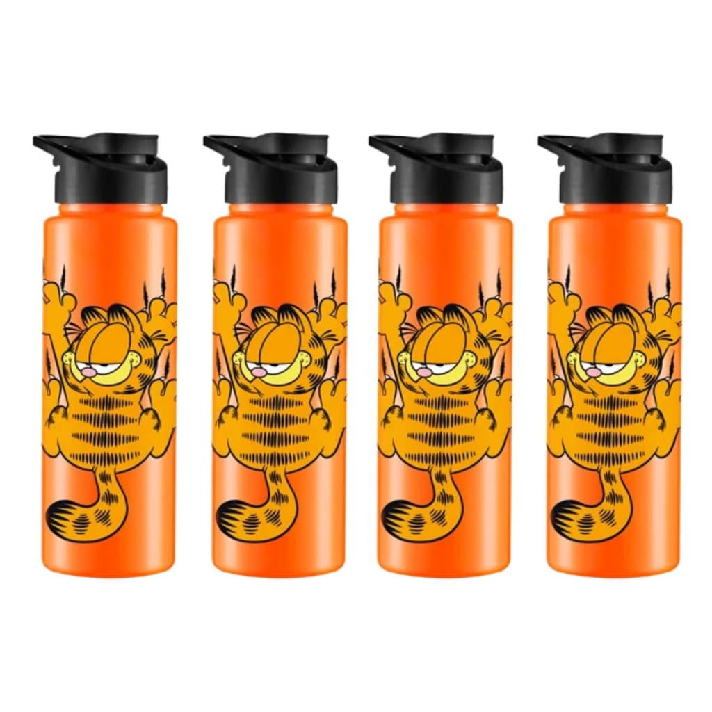 Kit 4 Garrafa Plástica Squeeze Sport Garfield Laranja Com Tampa E Alça Preta 750ml BPA Free