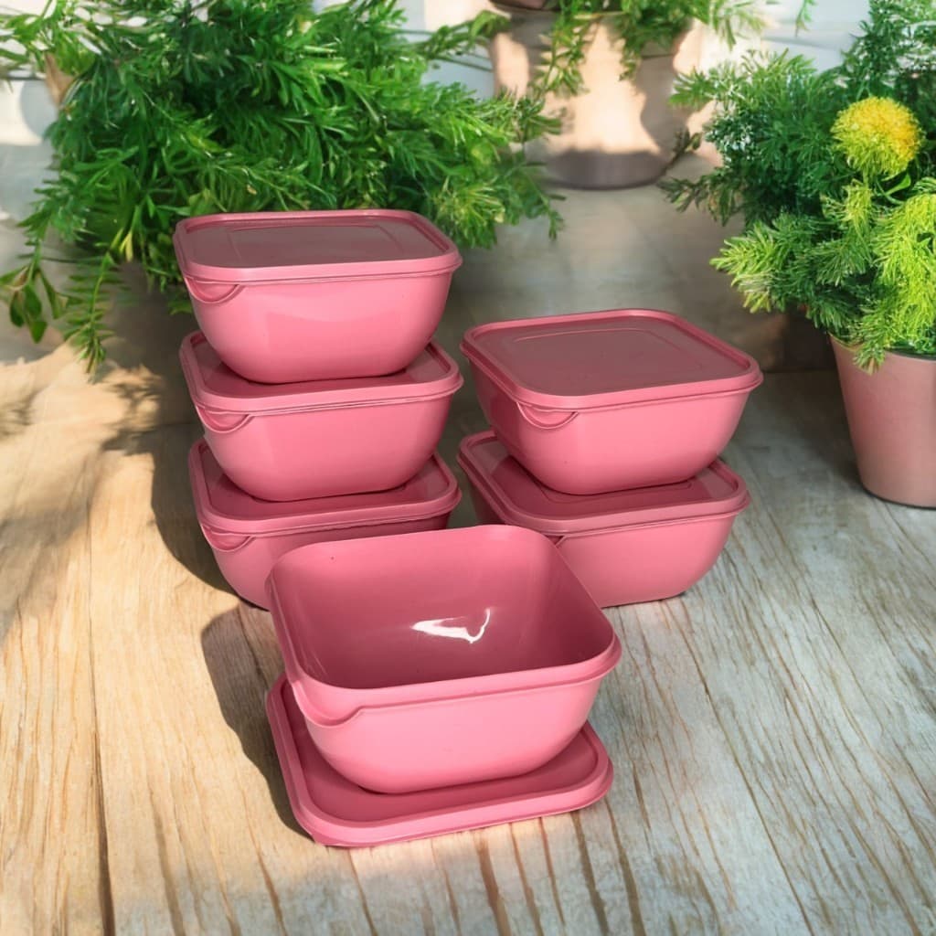 Kit 6 Potes Plásticos Rosa 1 Litro Quadrado com Tampa Marmitas Refeição Comida Congelar Micro-ondas
