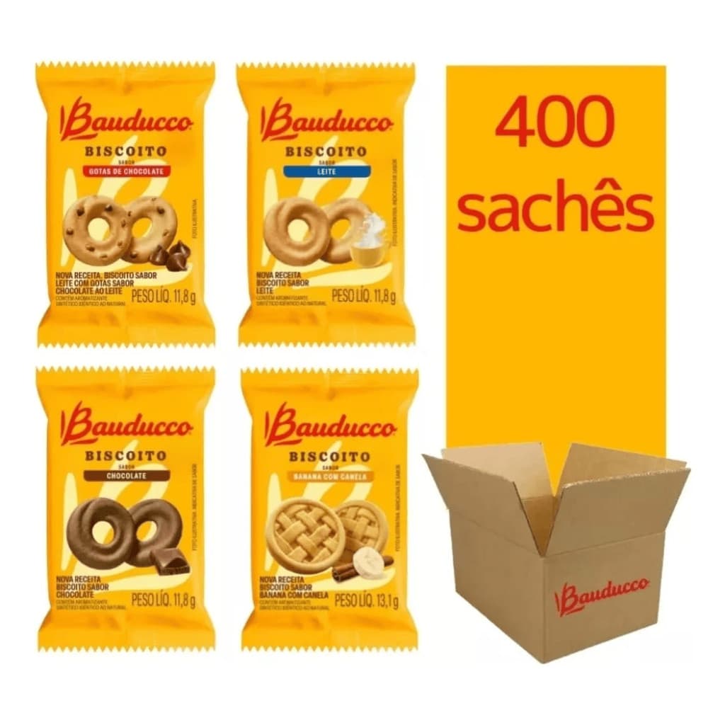 Kit 400 Biscoito Amanteigado Sache Bauducco Sabores (Banana com canela, Leite, Chocolate, Gotas de Chocolate)