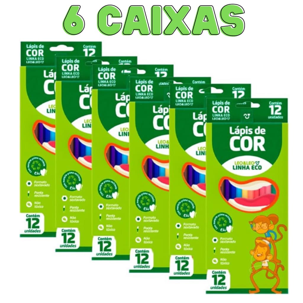 Lápis De Cor 12 Cores Pacote C/ 6 Caixas Lápis De Cor Leo e Leo Lapis Escolar