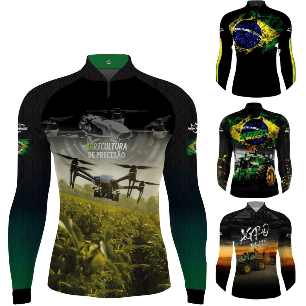 Kit 4 Camisa Camiseta de Pesca Agro Gola Zíper Proteção Solar UV New Fisher