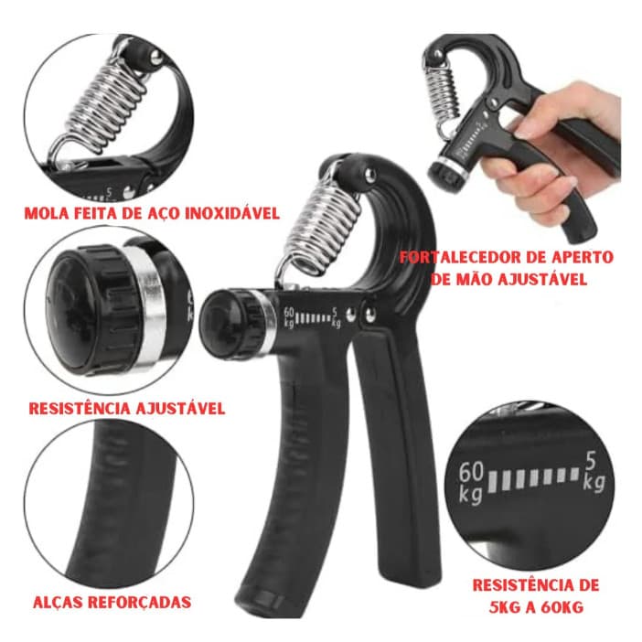 Hand Grip 5kg a 60kg + Extensor de Dedos + Anel de Resistência + Ovo Antiestresse + Exercitador de Mãos + Bolsa - Kit Fo
