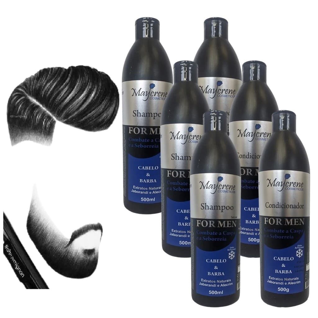 3 Kits For Men 500ml Maycrene Cabelo e Barba Homens - 3 Shampoo  + 3 Condicionador