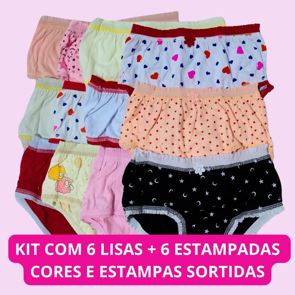 Calcinha Infantil De Algodão Estampada Kit Com 12 Unidades