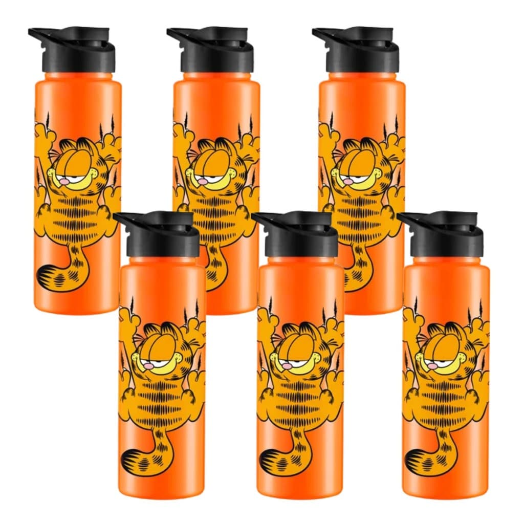 Kit 6 Garrafa Plástica Squeeze Sport Garfield Laranja Com Tampa E Alça Preta 750ml BPA Free