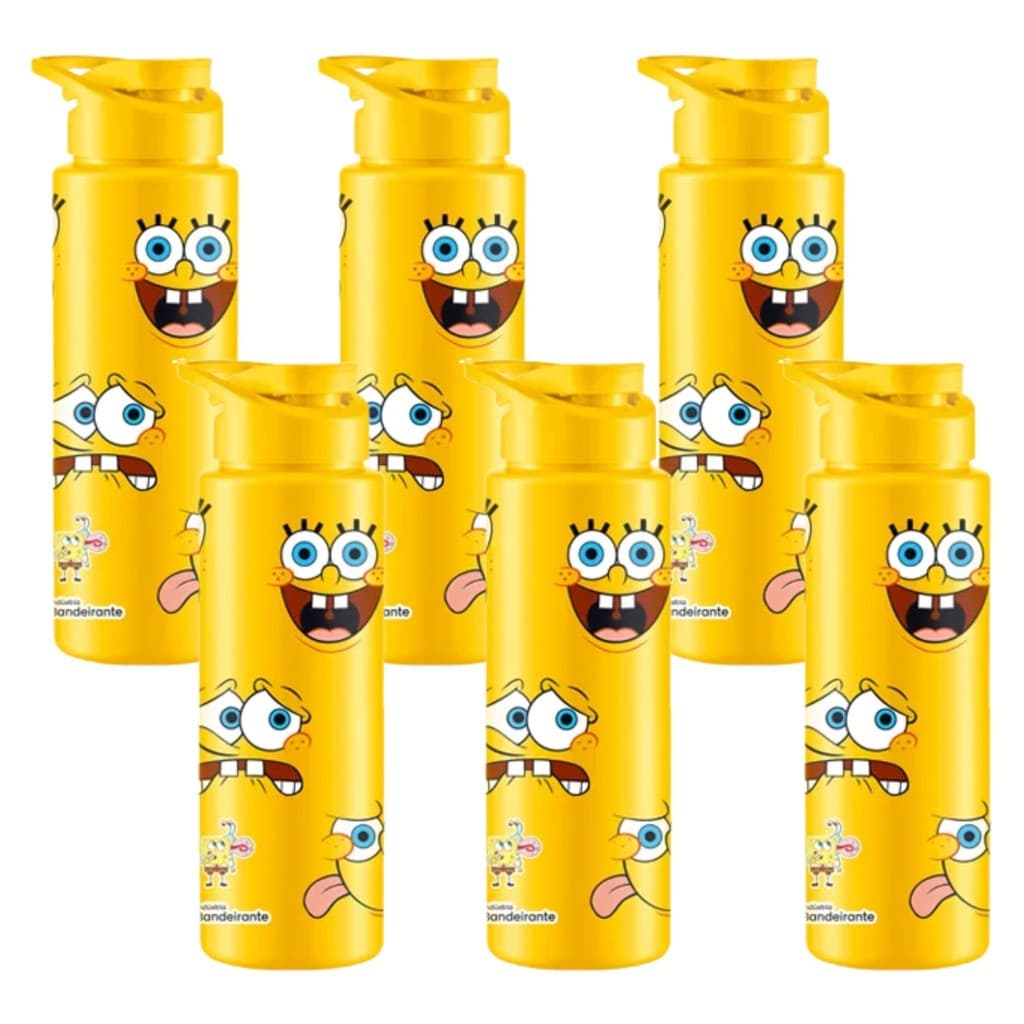 Kit 6 Garrafa Plástica Squeeze Sport Bob Esponja Amarelo 750ml Turma Do Bob Esponja BPA Free