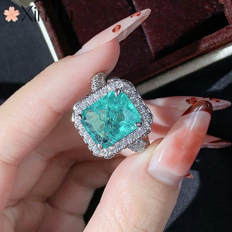 ♥ Original novo estilo verde paraíba turmalina anel de diamante completo princesa moda feminina jóias