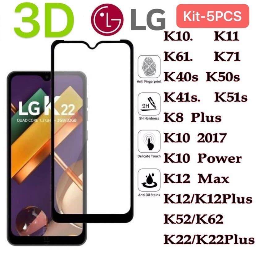 Película De Vidro 3D LG K10 2017/K10 POWER/K11/K12/K12 MAX/K22/K22 PLUS/K40S/K50S/K41S/K51S/K8PLUS/K61/K62/K71/K52