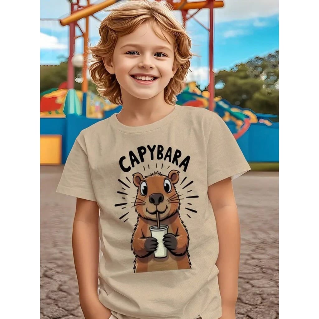Camiseta Básica Meninos E Adolescente Manga Curta Ideal Verão Com Estampa de Capivara e Dinossauro