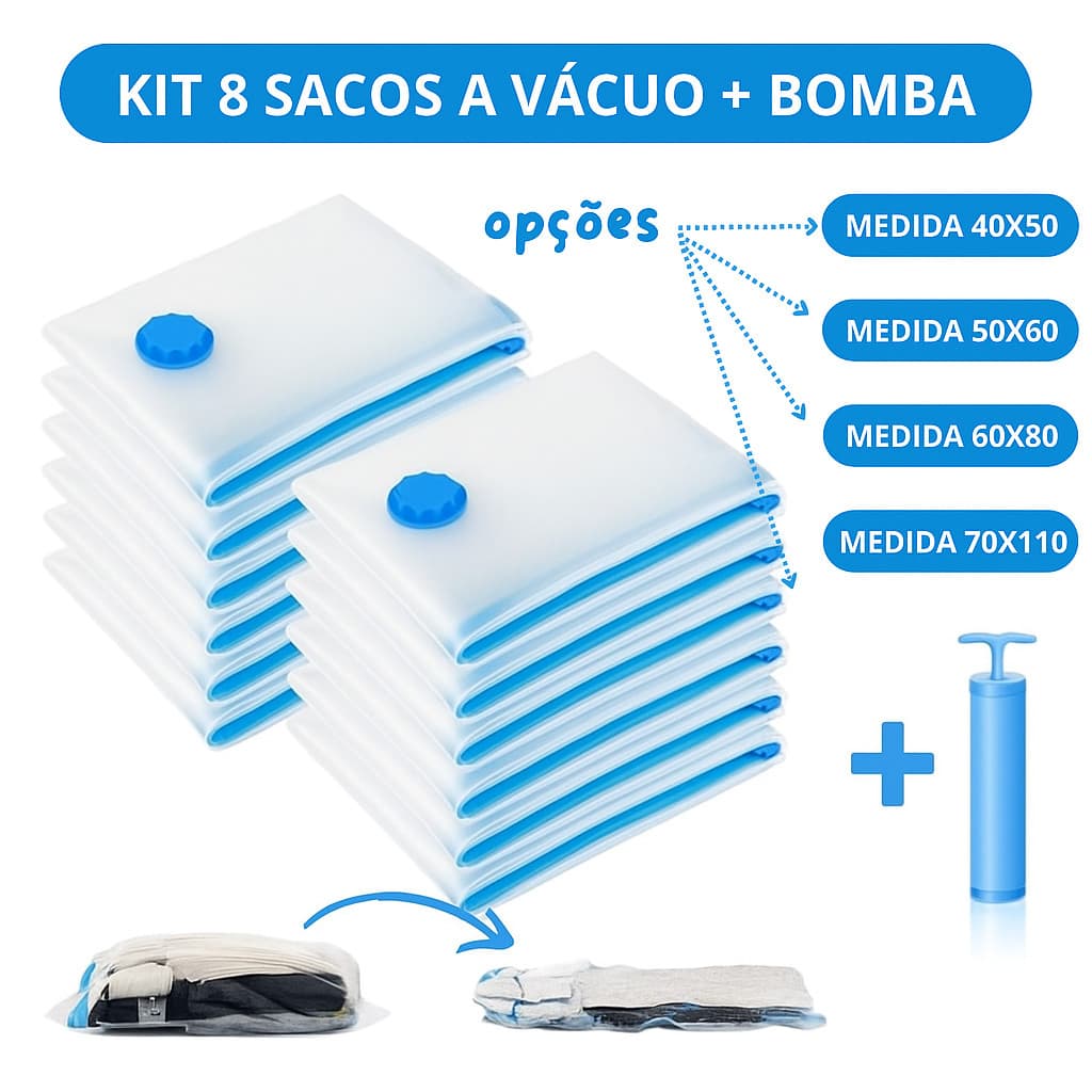 Kit com 8 Sacos a Vácuo com Zíper + Bomba para Organização de Roupas