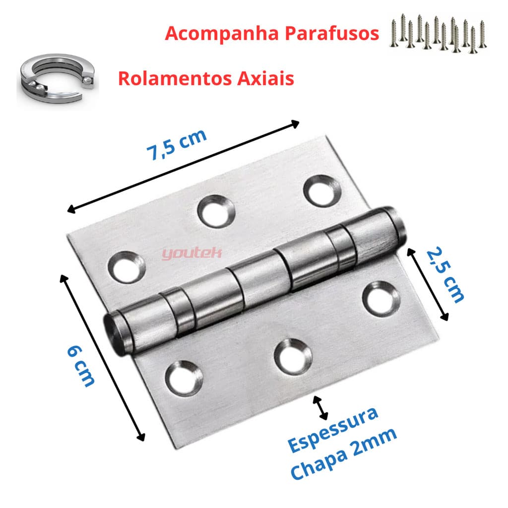 Dobradiças Aço Inox Blindada Reforçada Com Rolamentos 2 Pçs