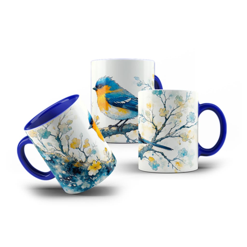 Caneca de Porcelana Pássaro Canário Azul Amarelo 325mL