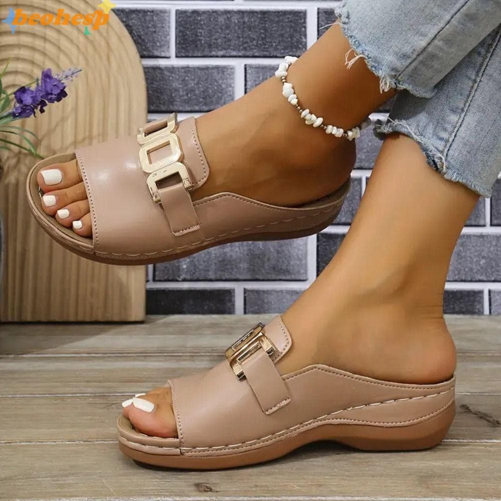 BEOHESP Chinelos Femininos , Sandálias De Cunha Elegantes Com Fivela De Metal Casuais Leves De PU Para Praia