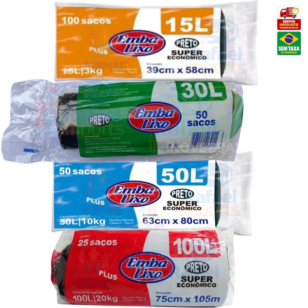 KIT 5 Saco de Lixo resistente com 100 unidades 15/30/50/100 Litros