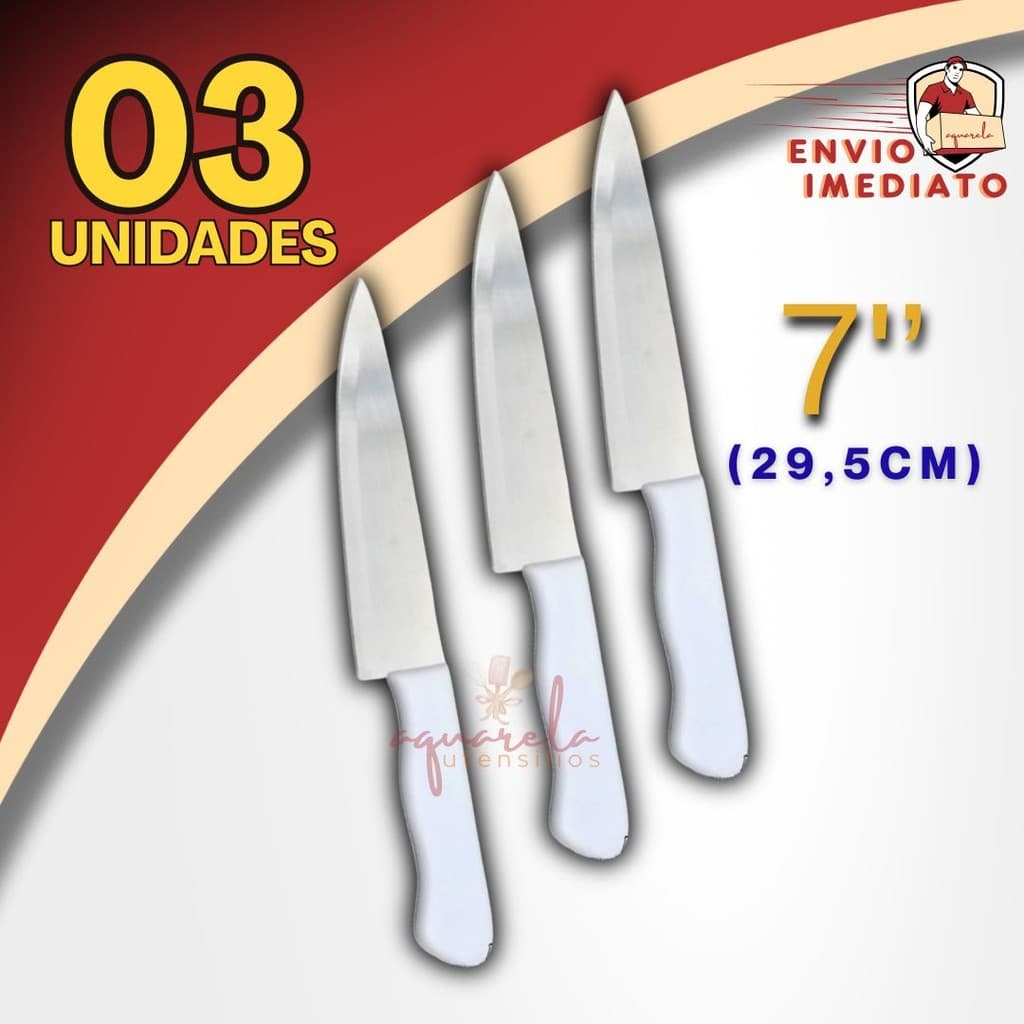 03 Faca De Cozinha Inox Profissional 7 Polegadas Do Chef Cabo Branco Antibacteriano 30CM