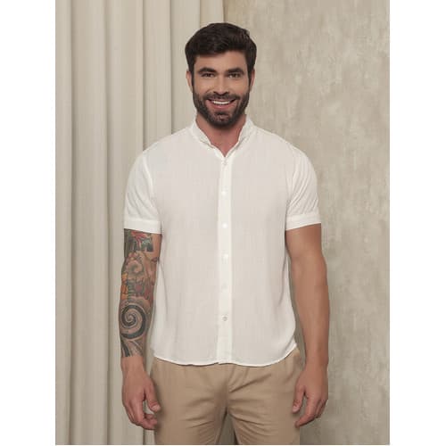 Camisa Slim Linho Gola Padre Luxo Social Manga Curta