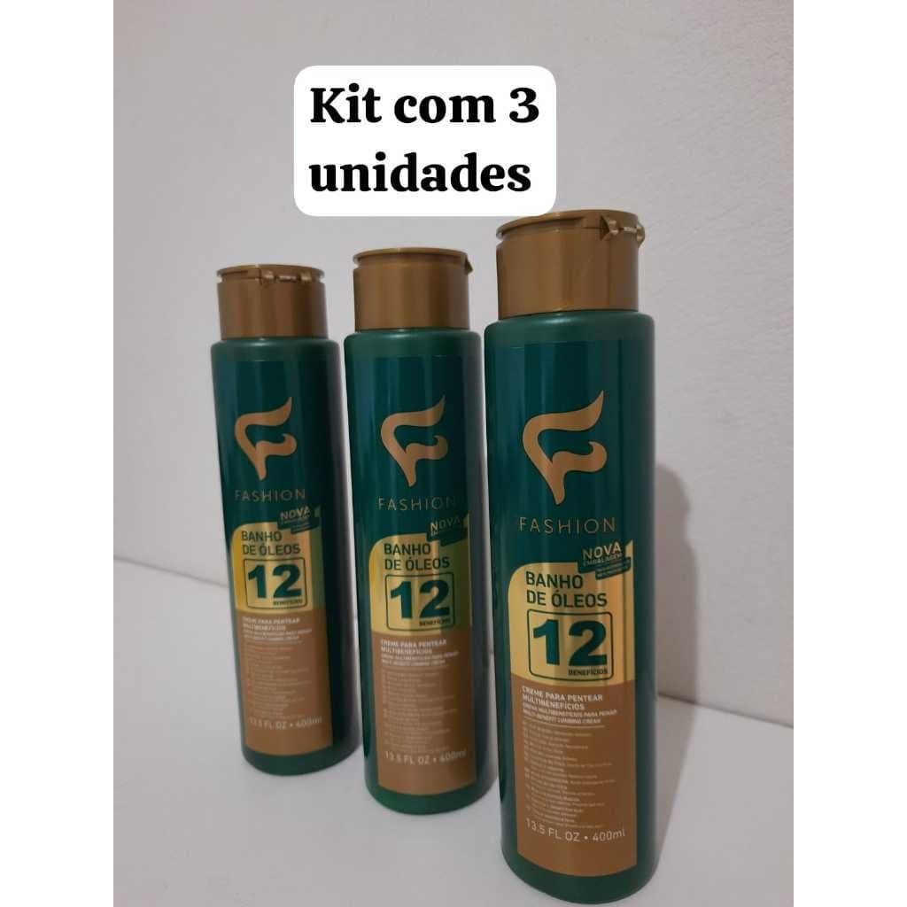 Kit com 3 Creme de Pentear Cabelo Sem Enxague Leave In Banho de Oleos 12 Beneficios Fashion 400ml