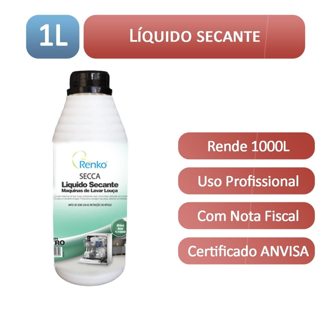 Secca 1L  Secante Lava Louças Profissional Renko Brilho Sem Manchas e Secagem Rápida