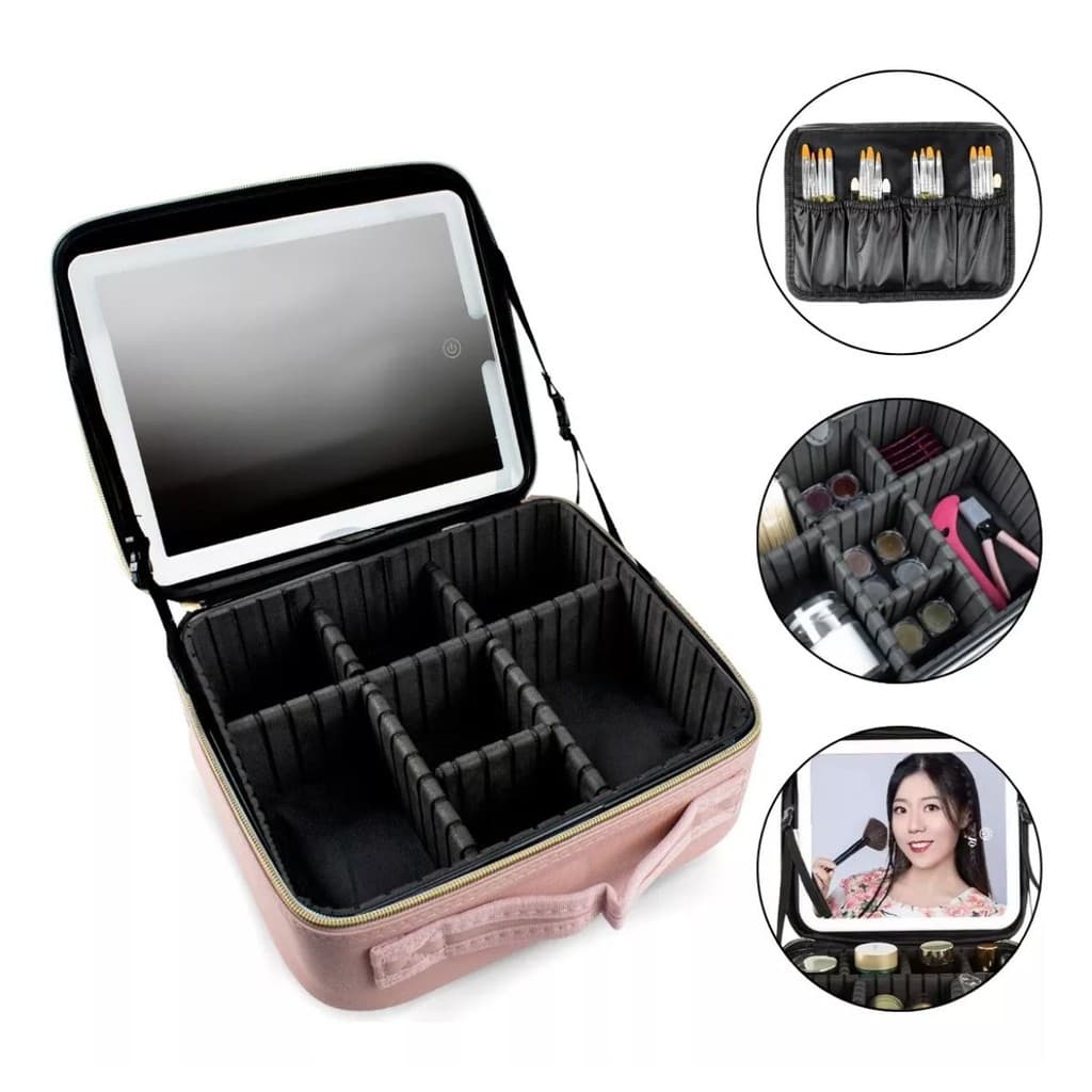 Bolsa Maleta de Maquiagem com Luz de LED, Compartimentos e Porta-Pincéis – Prática e Elegante