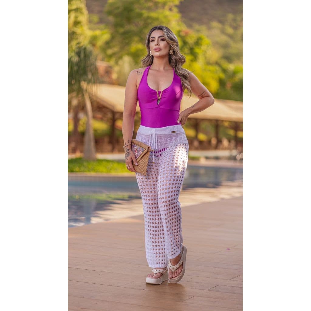 Calça Saída de Praia Feminina em Tricot Furadinha Rendada , Moda Verão Estilo Blogueira