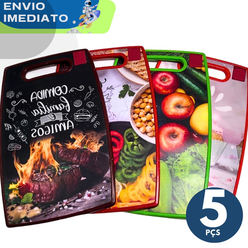 PROMOÇÃO Kit 5 Tábuas de Cortar Carne Estampa com Desenho Qualidade Premium Legumes Frutas Utensílios Cozinha