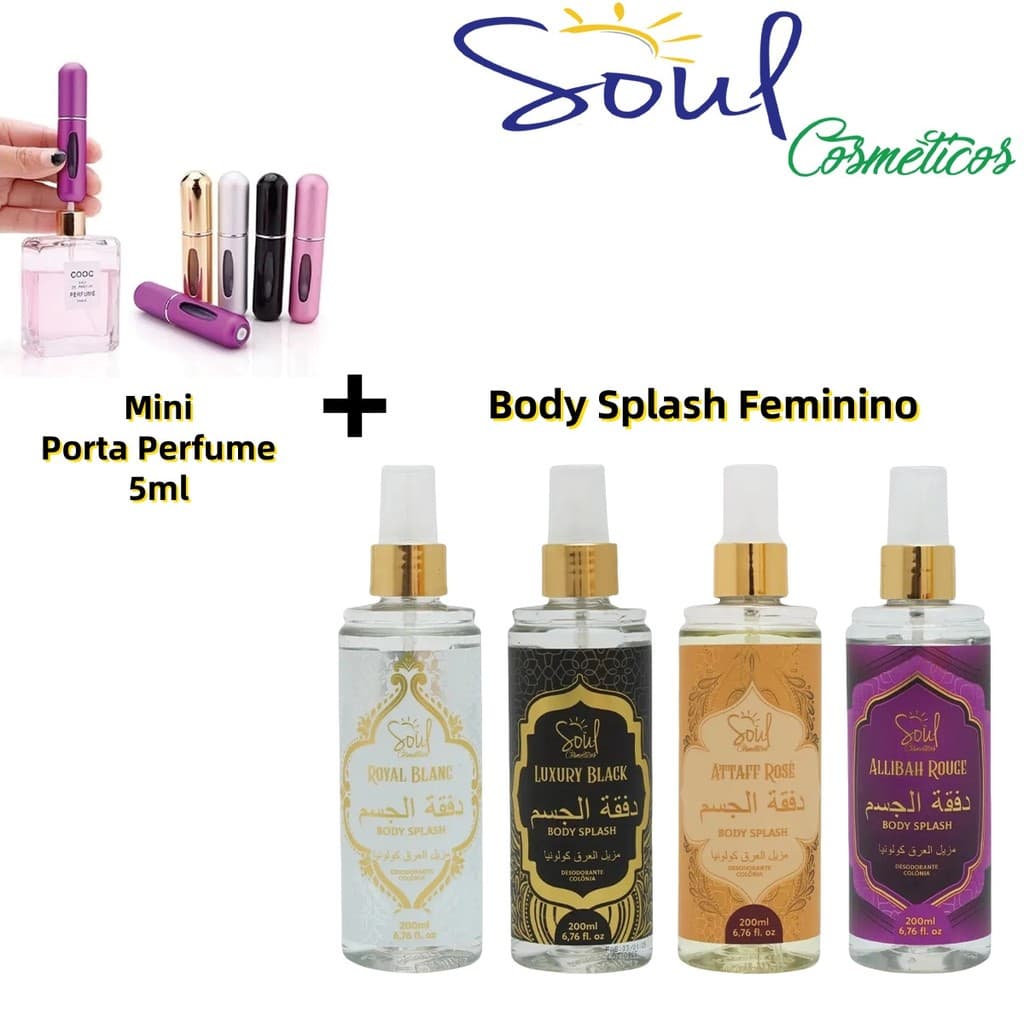 Kit Body Splash Feminino 200ml Soul Cosméticos + Mini Porta-Perfume 5ml | Fragrância + Refil Portátil (Cor Sortida)