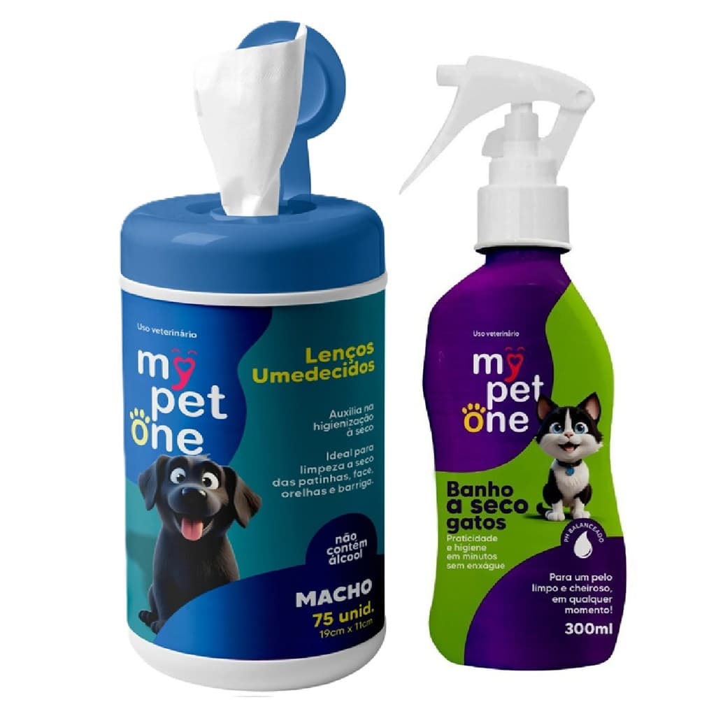 Kit Banho a Seco Gatos Machos + Lenço Umedecido Machos Mypetone
