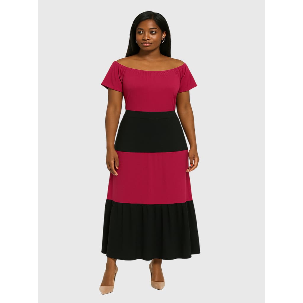 Vestido Feminino Longo Canelado Ombro a Ombro Bicolor