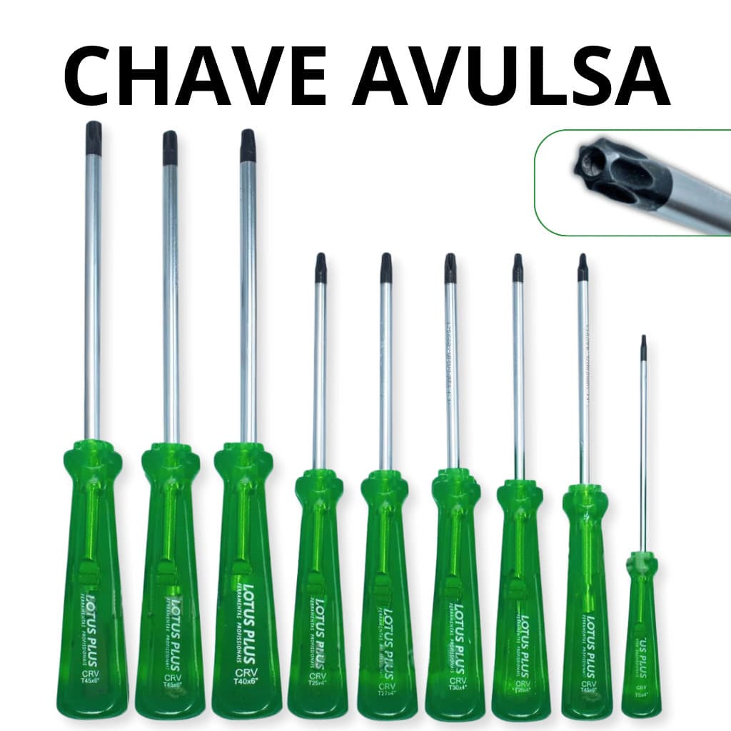 Chave Torx Avulsa Lotus T8 T10 T15 T20 T25 T27 T30 T40 T45 c/ Furo Cabo Verde Translúcido Profissional