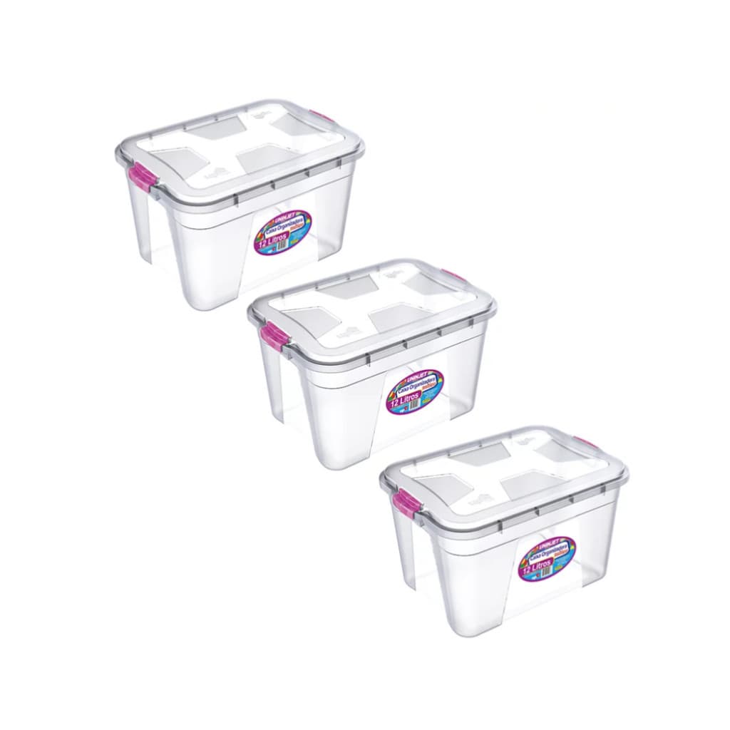 Kit com 3 Caixas Organizadoras Transparente 12 Litros Com Travas de Segurança Cesto