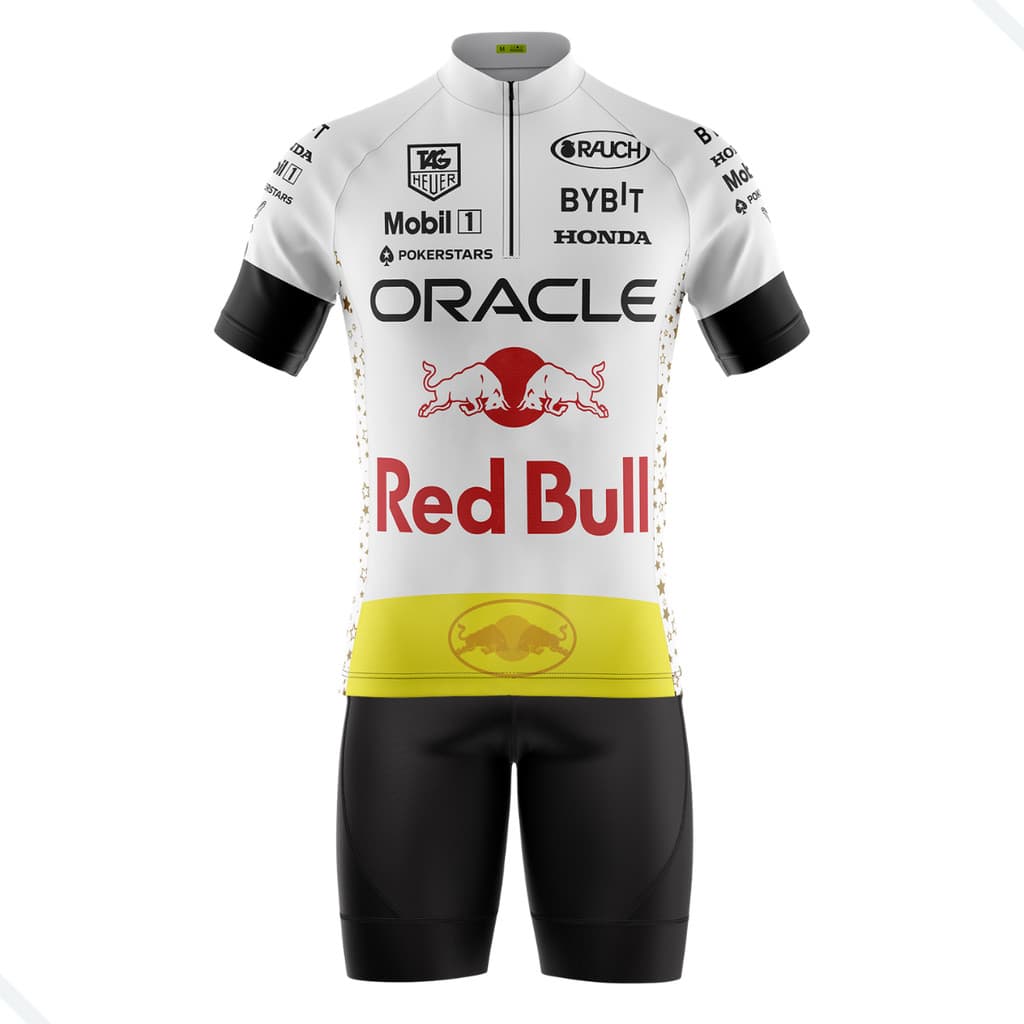 CONJUNTO CICLISMO MASCULINO BERMUDA E CAMISA RED BULL BRANCA COM BOLSOS UV 50+