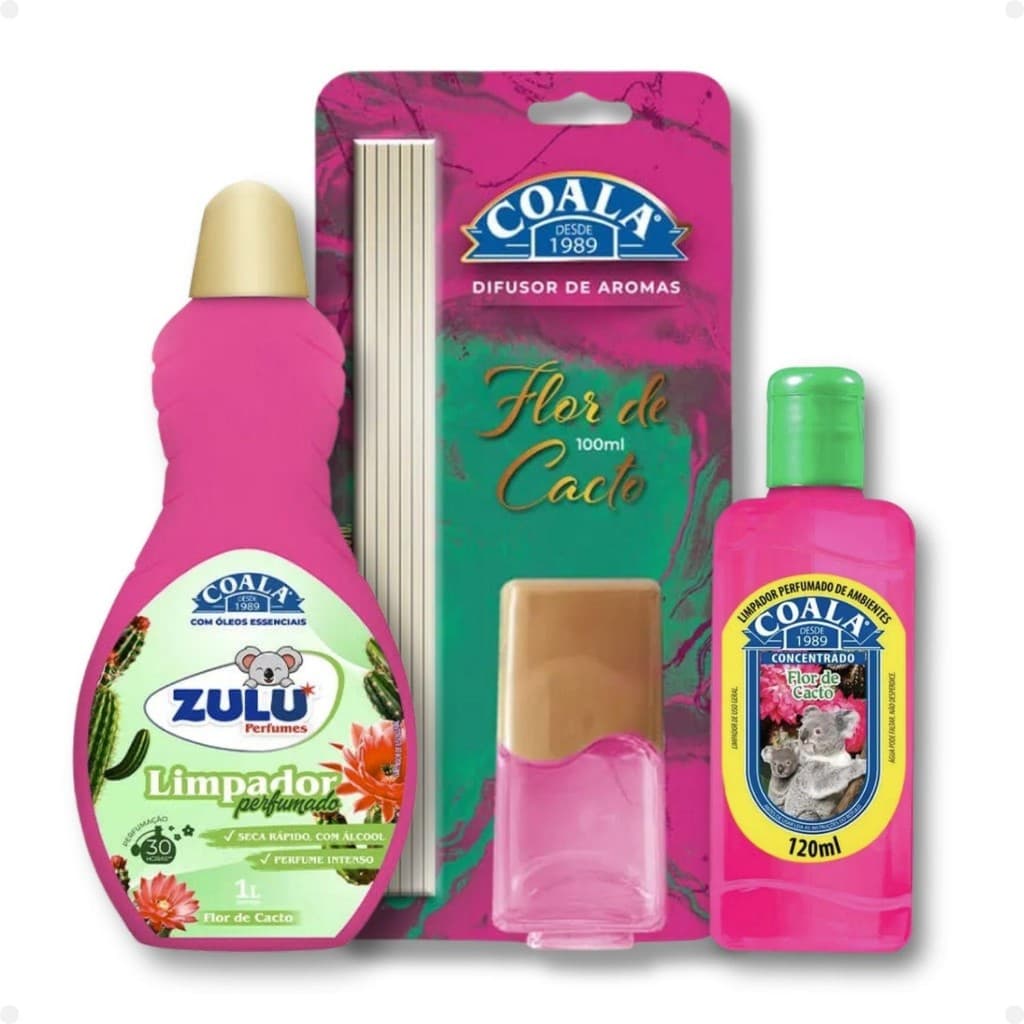 Kit Coala Zulu Flor De Cacto: Difusor De Aromas 100ml, Limpador Perfumado 120ml E Limpador 500ml