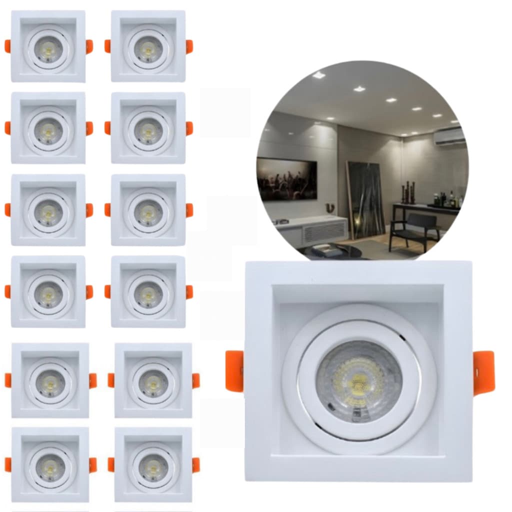 Kit 12 Spot De Embutir Recuado Completo Com Lampada Led Dicroica MR16 Led 36°Soquete Gu10 Spot 360°