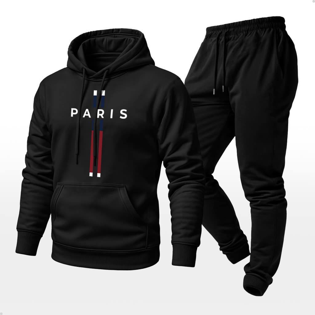 Conjunto Moletom Unissex Estampado Paris Calça e Blusa Com Capuz Bolso Canguru