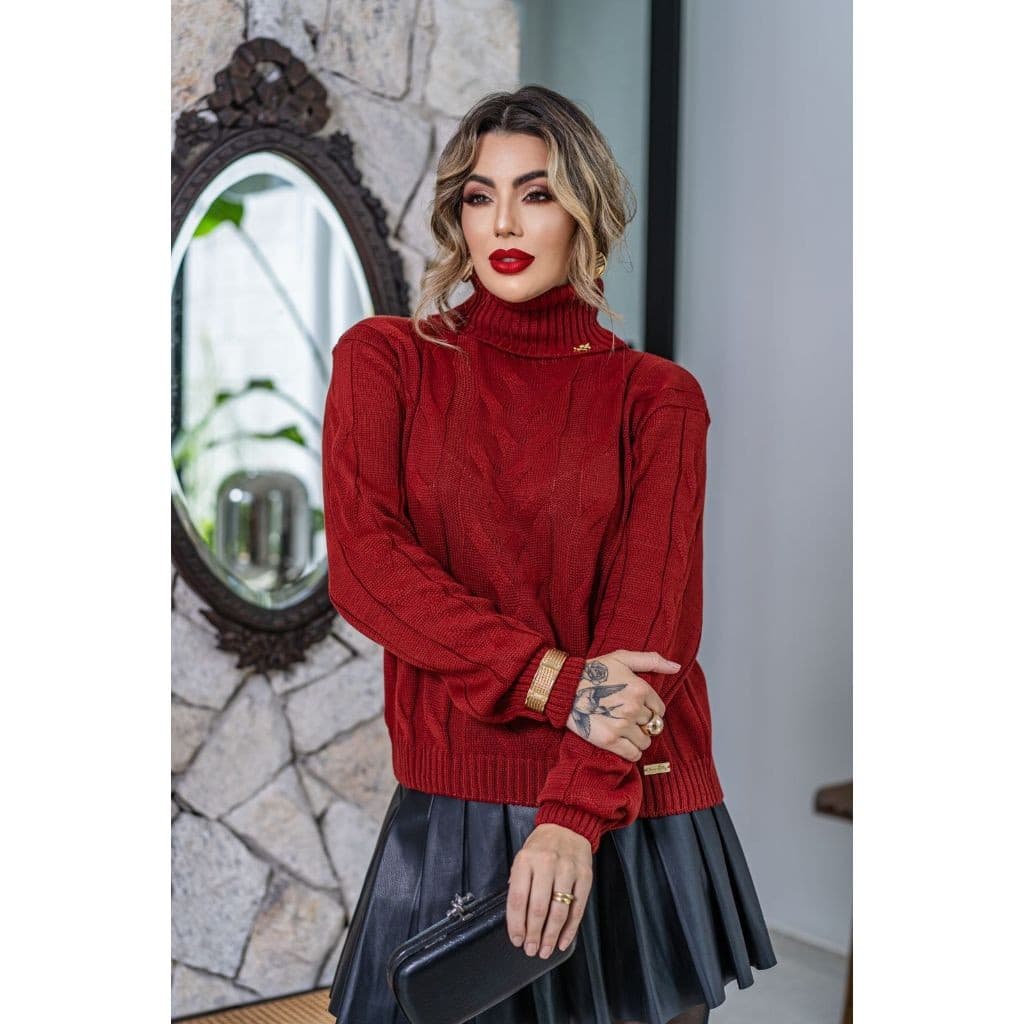 Blusa Tifany Tricot Inverno Moda Crochê Feminino Blusinha Manga Longa Trança Gola Alta Inverno