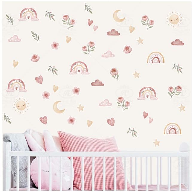 Adesivo De Parede Arco Iris Flores Coração Boho Infantil
